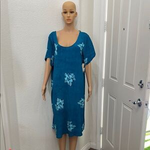 Pineapple Moon Floral Teal Midi Dress Sz 1X Scoop Neck Short Sleeve 💯% Rayon New